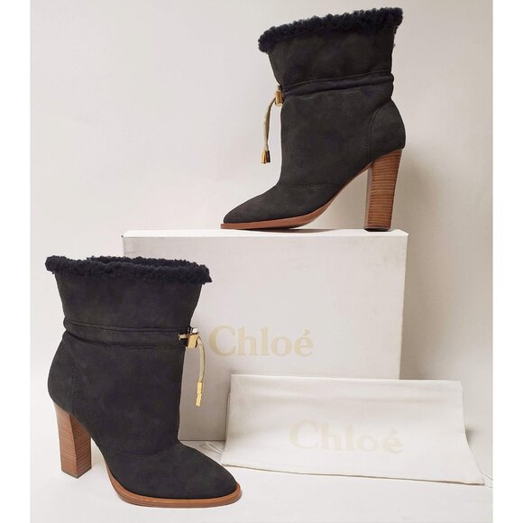 CHLOE ANKLE BOOTS DRAWSTRING SHEEPSKIN FOLD OVER BOOTIES sz 40 9.5 - Picture 2 of 11